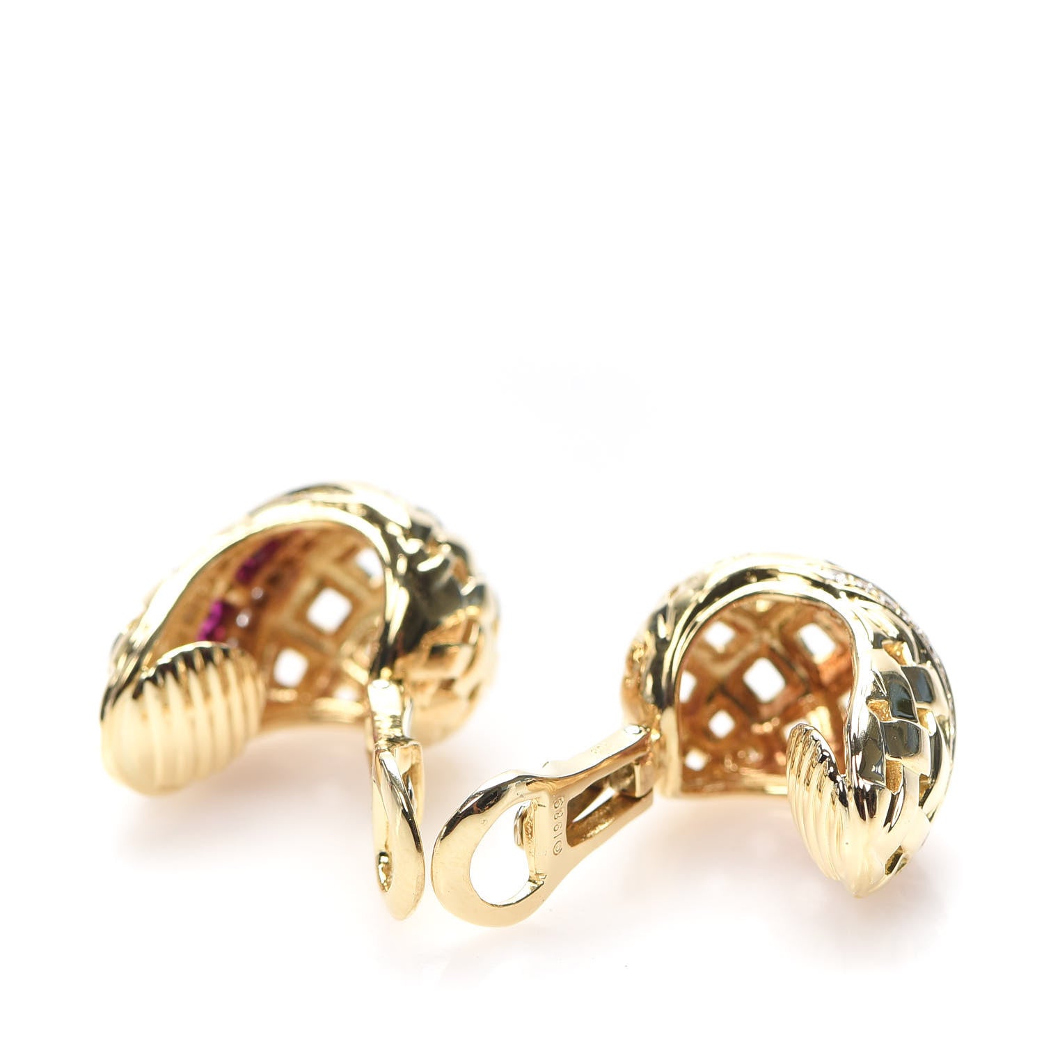 Tiffany 18K Yellow Gold Diamond Ruby Vannerie Clip-On Earrings 3 of 5