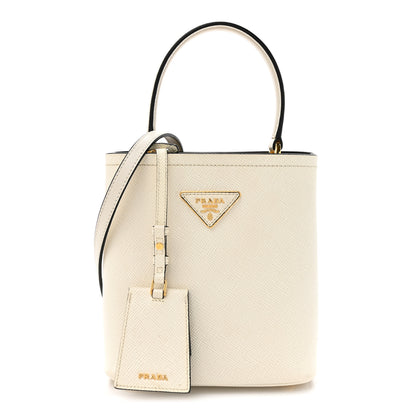 Prada Saffiano Cuir Calfskin Small Panier Bucket Bag White Black 1 of 13