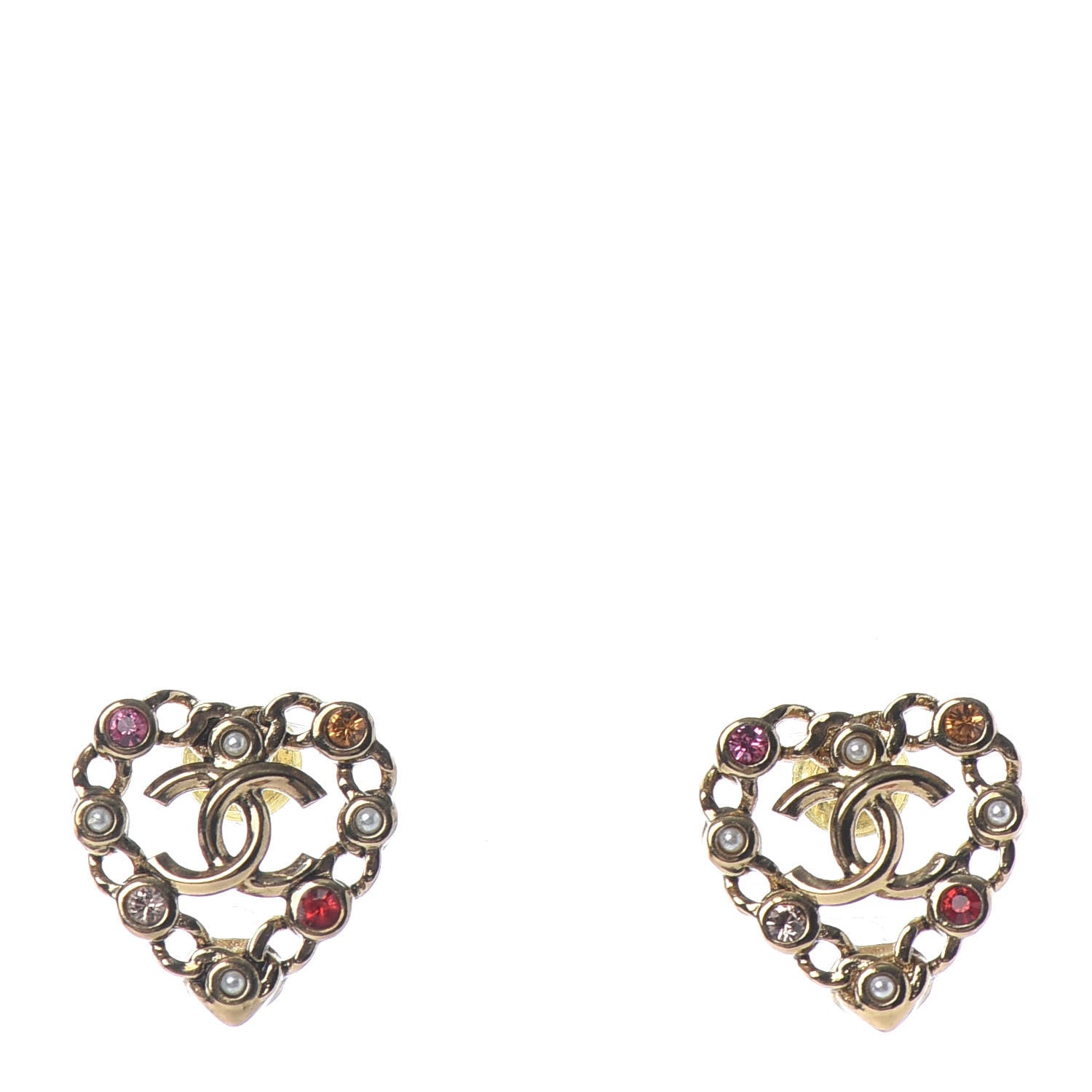 Chanel Pearl Crystal CC Heart Earrings Gold Multicolor 1 of 5