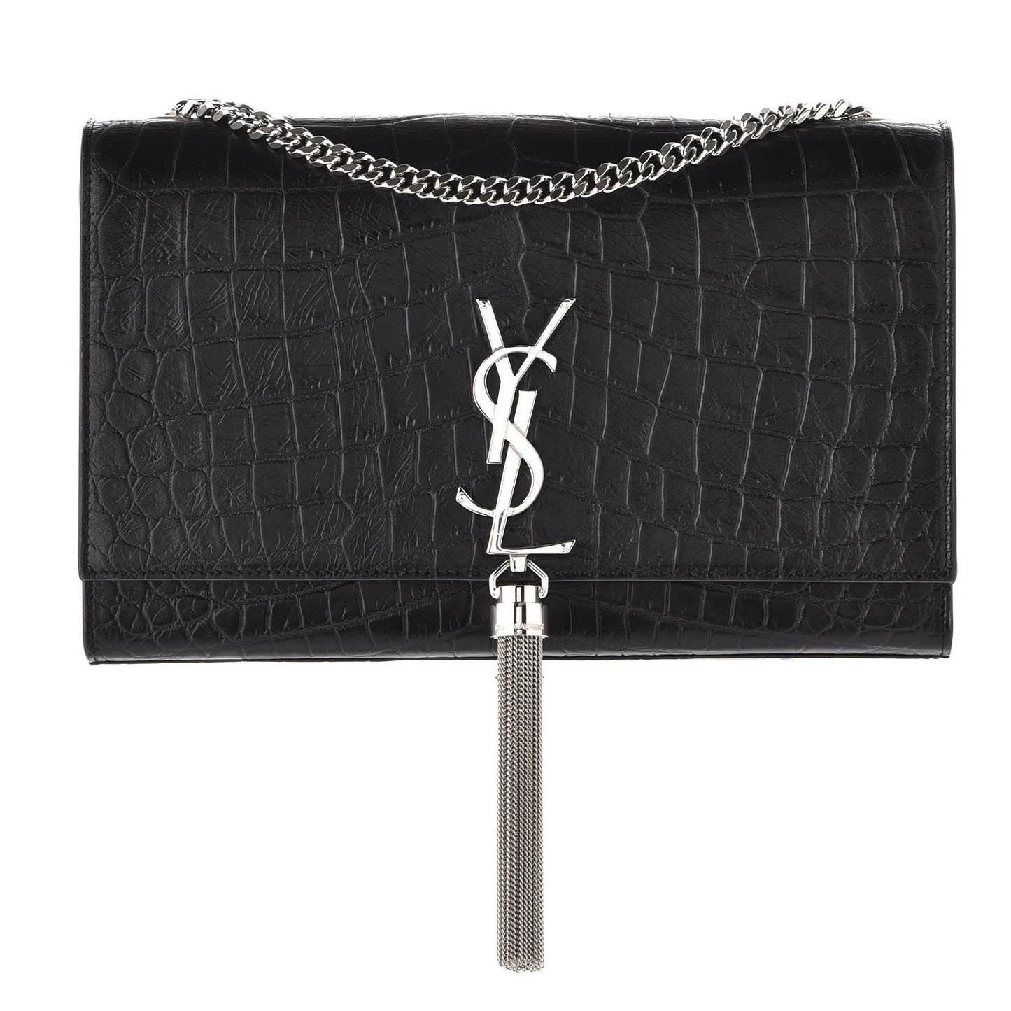Calfskin Crocodile Embossed Medium Classic Monogram Kate Tassel Satchel Black