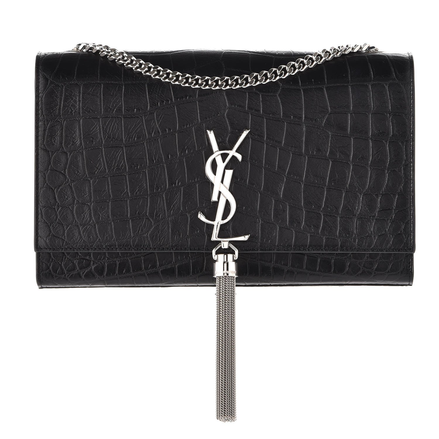 Saint Laurent Calfskin Crocodile Embossed Medium Classic Monogram Kate Tassel Satchel Black 1 of 6