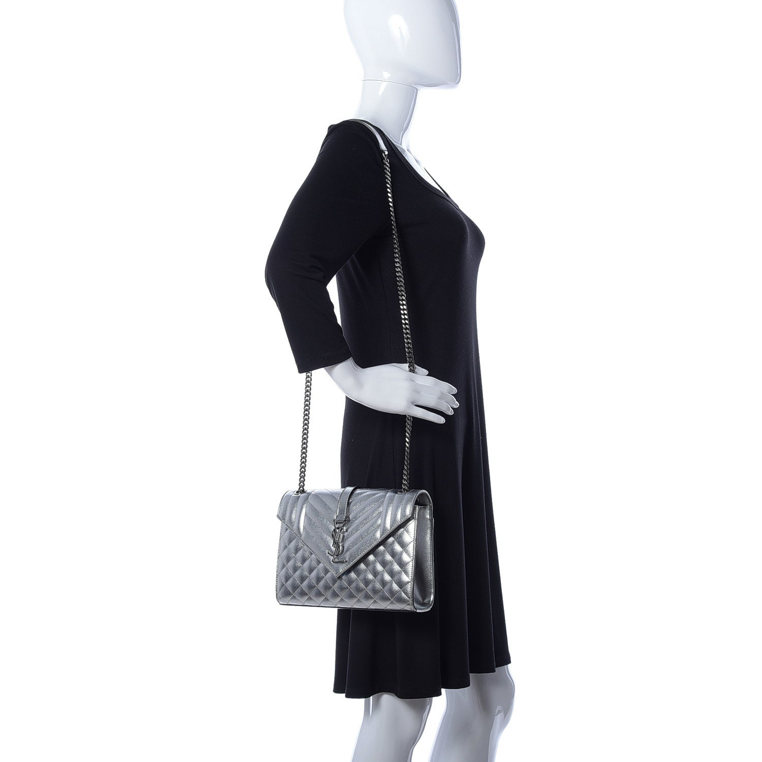 Saint Laurent Metallic Grain De Poudre Textured Mixed Matelasse Triquilt Medium Monogram Satchel Silver 2 of 8