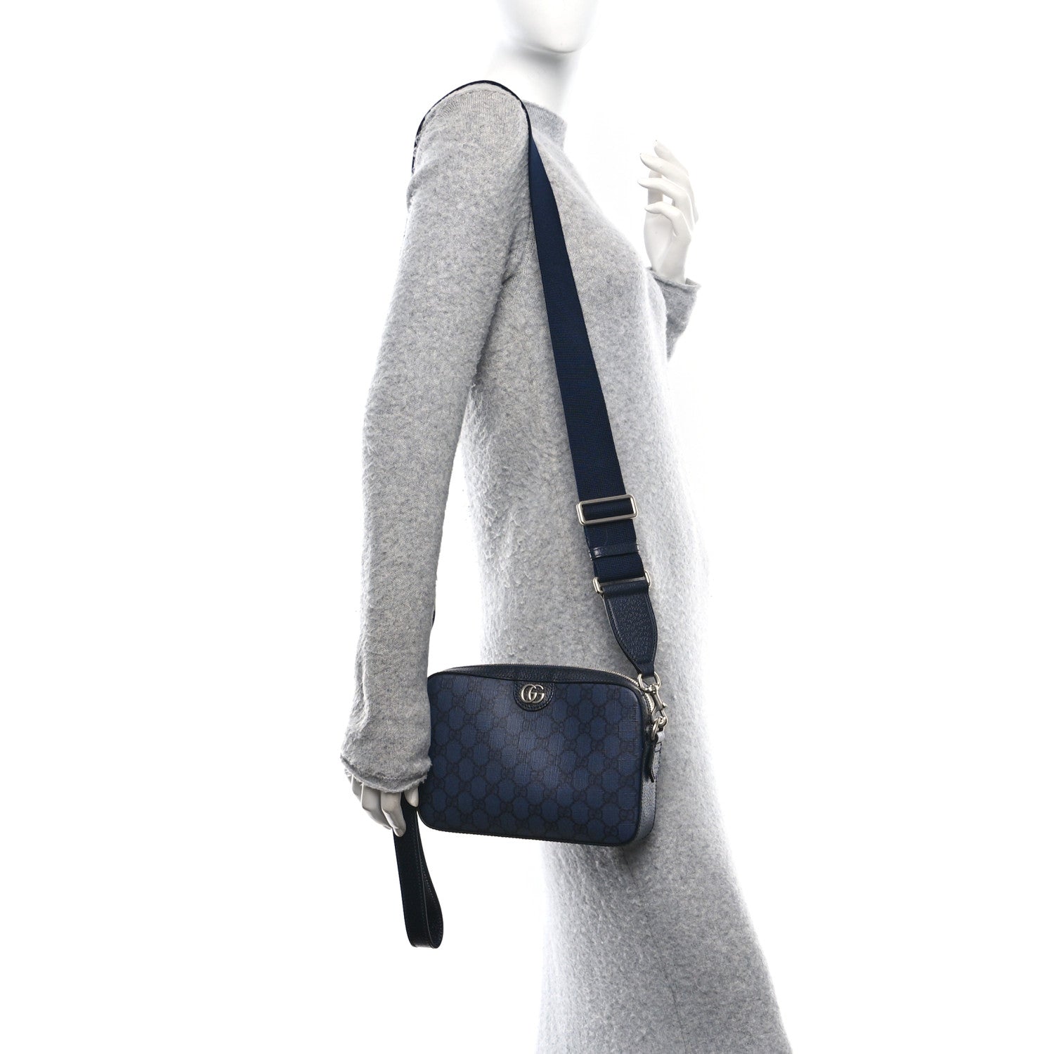 Gucci GG Supreme Monogram Textured Dollar Calfskin Web Ophidia Wristlet Shoulder Bag Black Blue 2 of 10