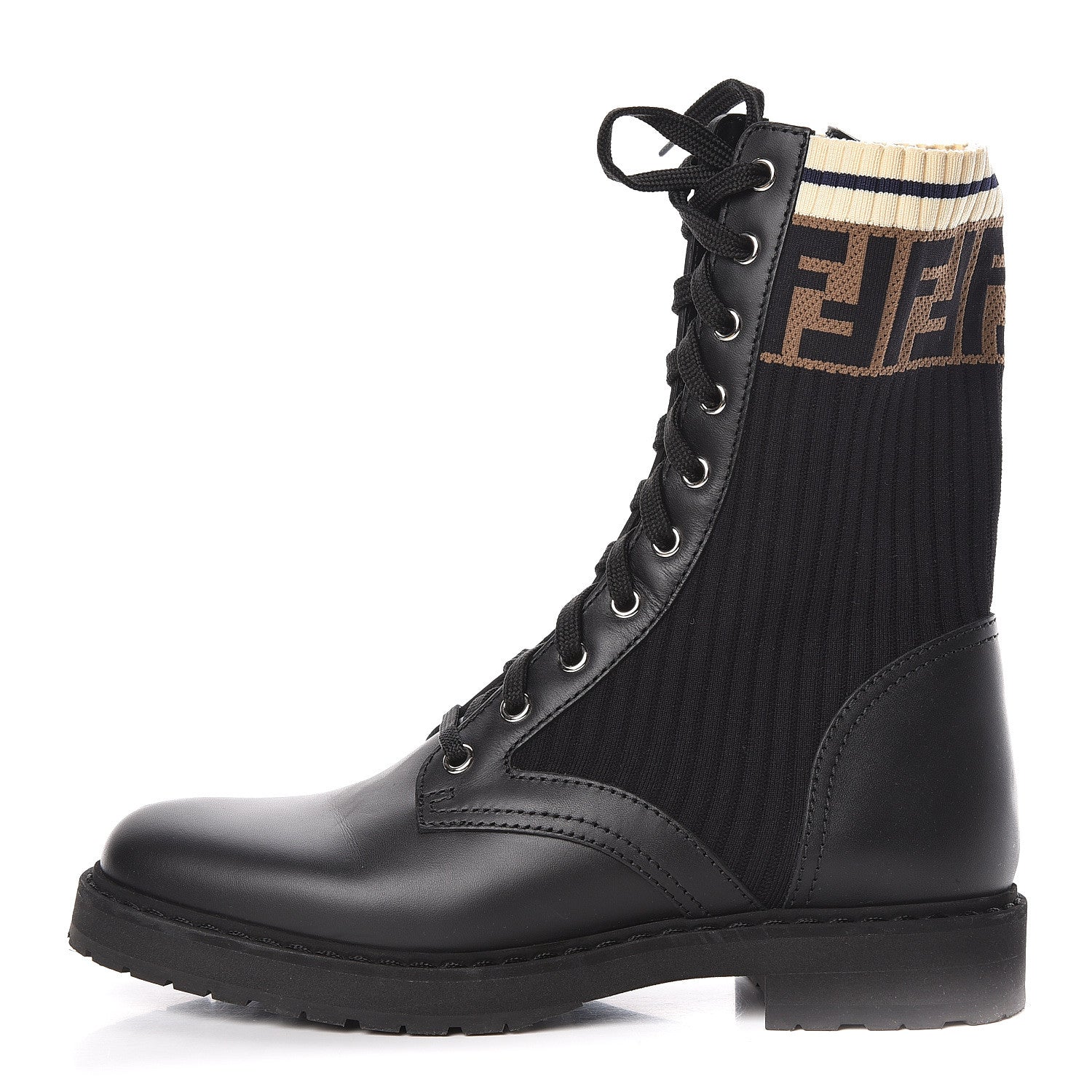 Fendi Calfskin Stretch Fabric Rockoko Biker Boots 38 Tobacco Black Marino 1 of 10