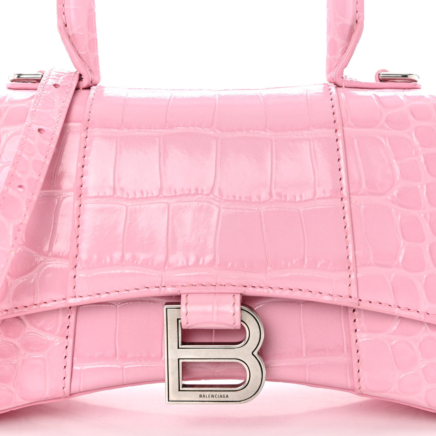 Balenciaga Shiny Calfskin Crocodile Embossed Hourglass Top Handle Bag XS Candy Pink 7 of 12