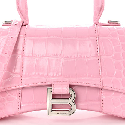 Balenciaga Shiny Calfskin Crocodile Embossed Hourglass Top Handle Bag XS Candy Pink 7 of 12