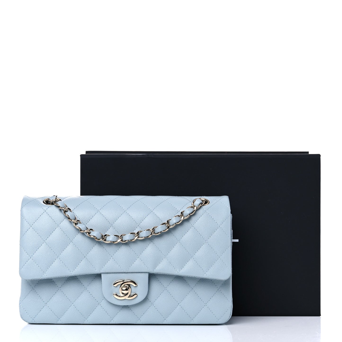 Caviar Quilted Medium Double Flap Light Blue