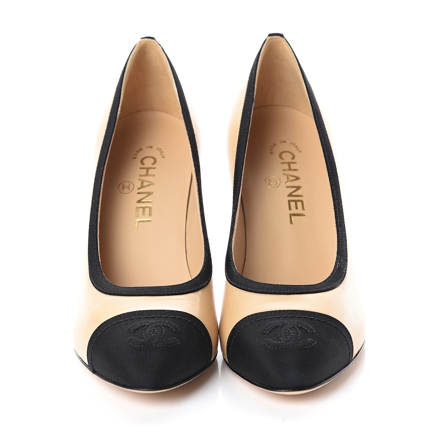 Lambskin Grosgrain Cap Toe CC Pumps 37 Beige Black