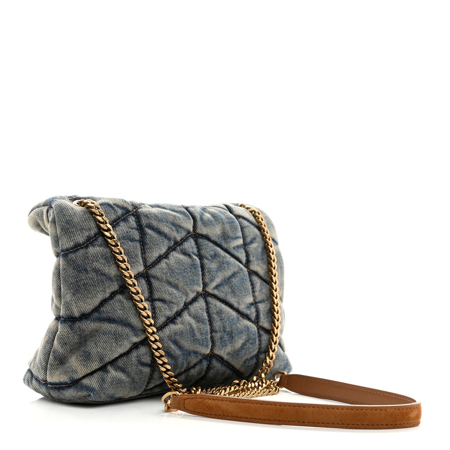 Denim Quilted Toy Loulou Puffer Monogram Chain Satchel Blue Cinnamon