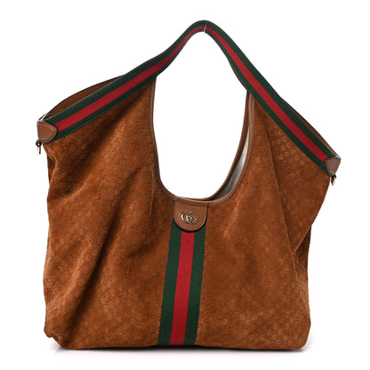 Gucci Suede GG Monogram Web Large Giglio Tote Brown 1 of 10