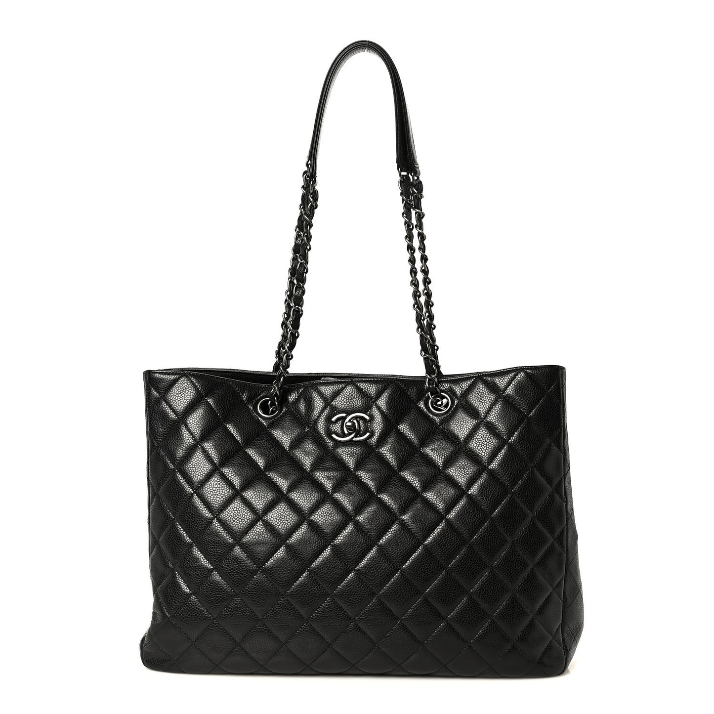Calfskin Quilted Large CC Shopping Tote Black