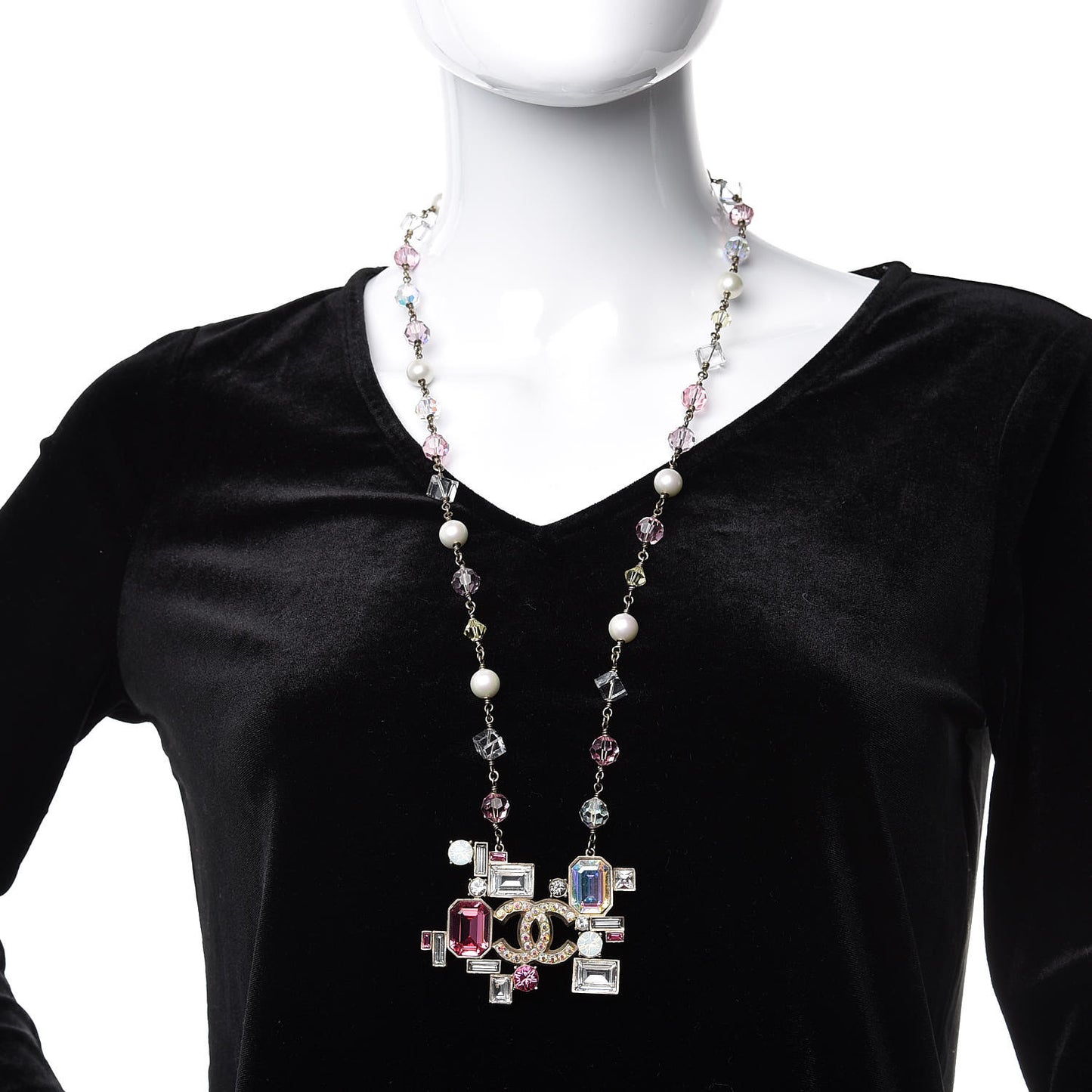 Crystal Baguette CC Pearl Necklace Pink Gold