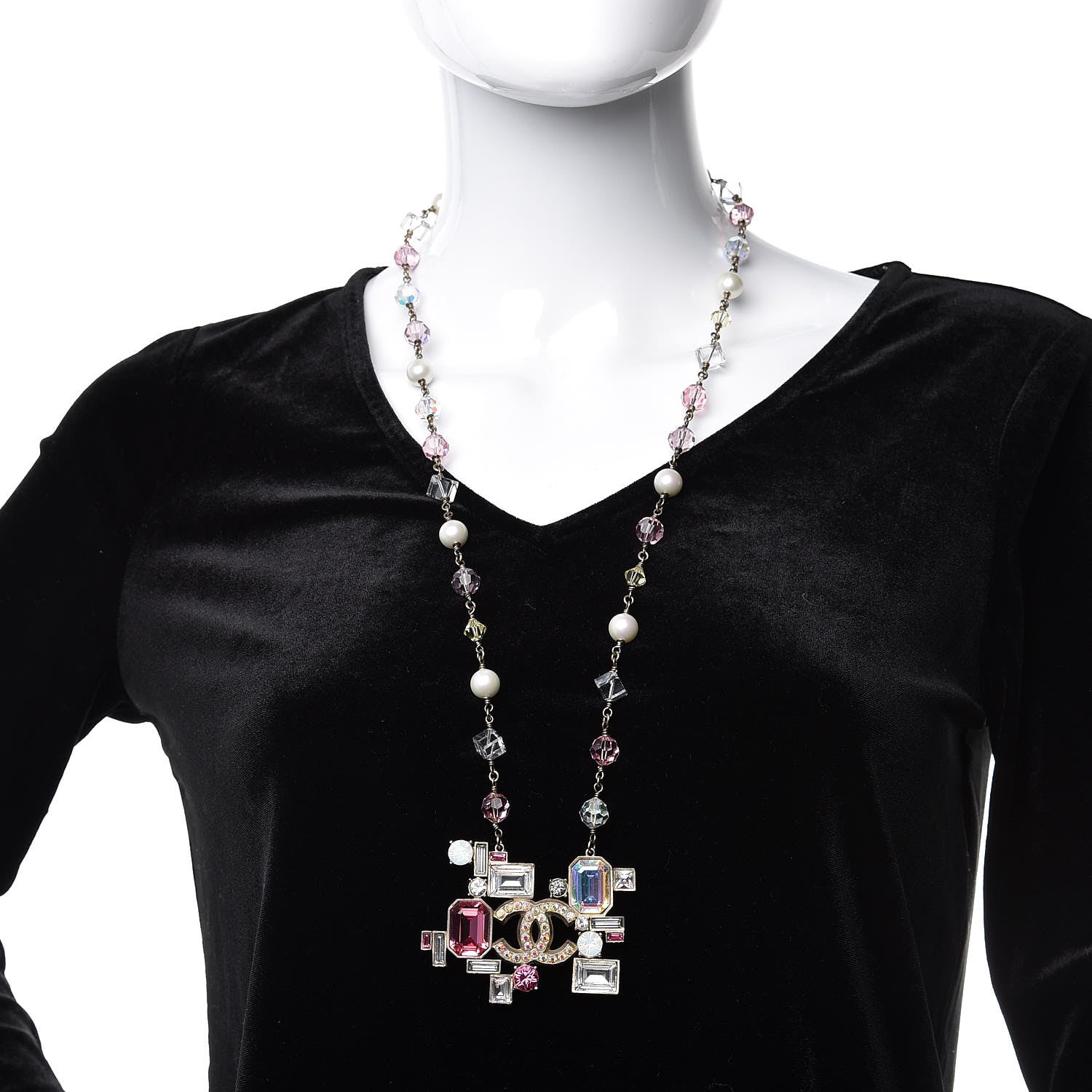 Chanel Crystal Baguette CC Pearl Necklace Pink Gold 2 of 5