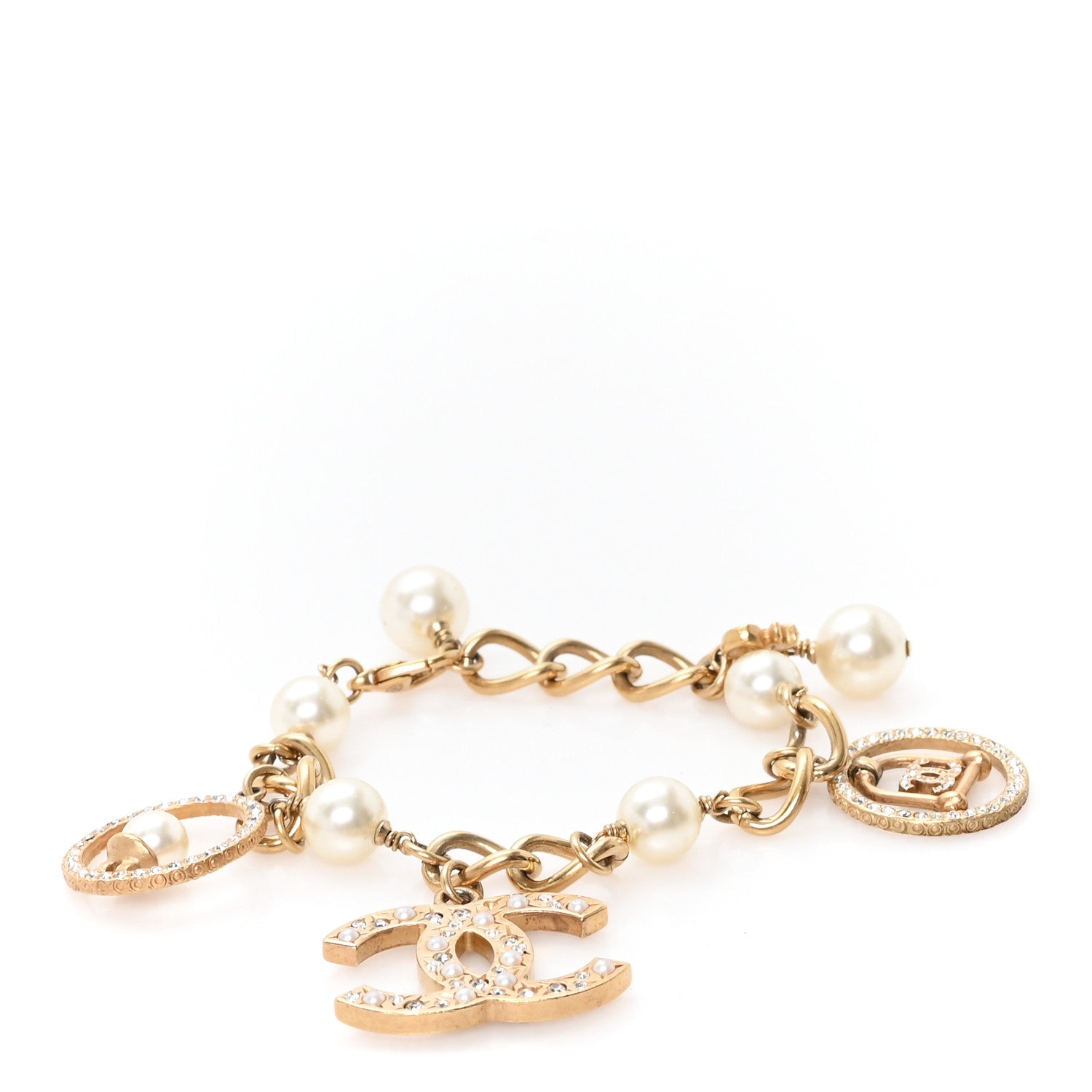 Chanel Crystal Pearl CC Charm Bracelet Gold 1 of 5