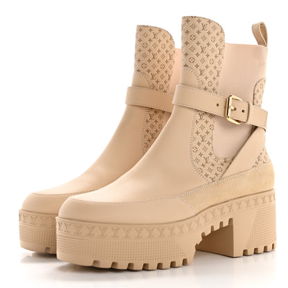 Louis Vuitton Suede Calfskin Embossed Monogram Laureate Platform Desert Boots 37 Beige 3 of 11