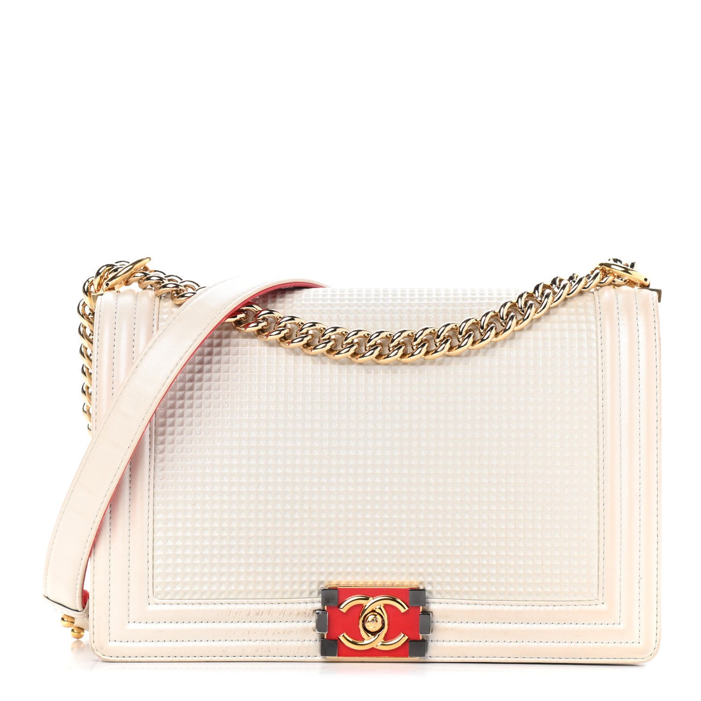 Metallic Lambskin Embossed Large Boy Cube Flap White