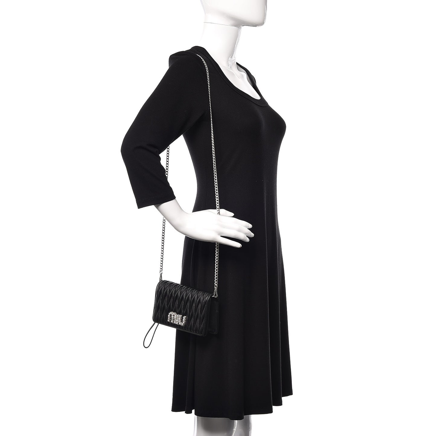 Nappa Matelasse Crystal Pearl Logo Chain Clutch Black