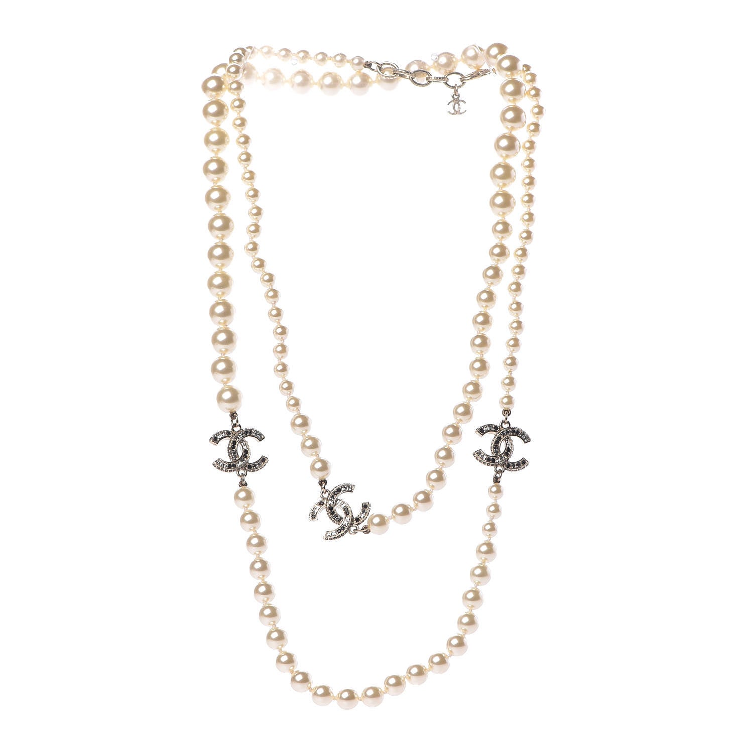 Chanel Pearl Crystal Long CC Necklace Gold Black 3 of 7