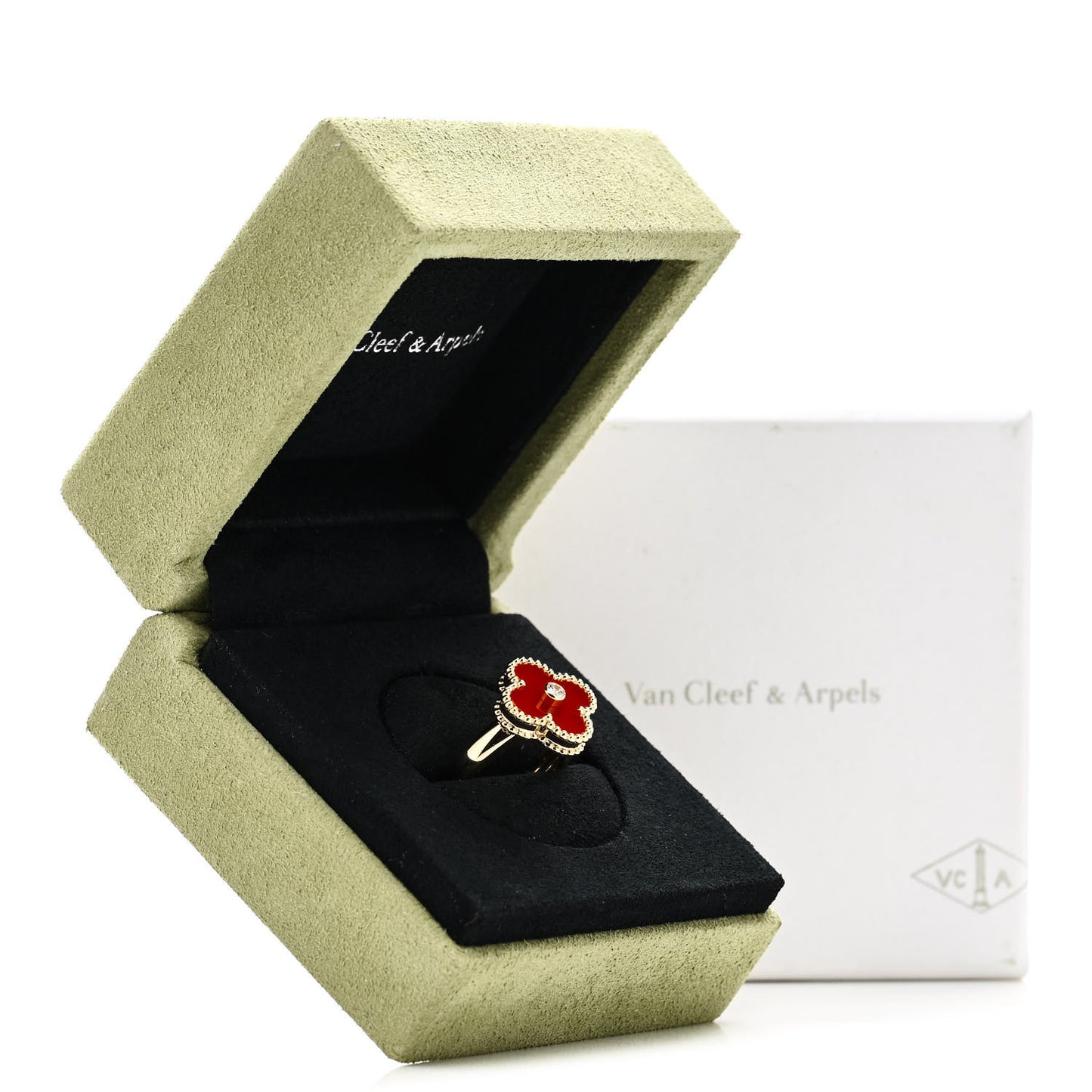 18K Yellow Gold Diamond Carnelian Vintage Alhambra Ring 51 5.75