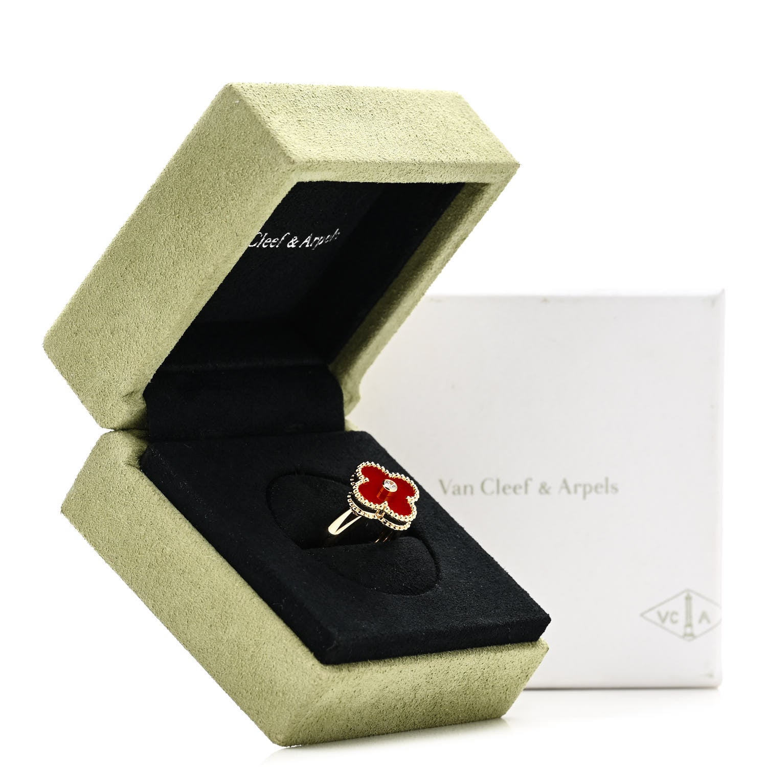 Van Cleef & Arpels 18K Yellow Gold Diamond Carnelian Vintage Alhambra Ring 51 5.75 6 of 6
