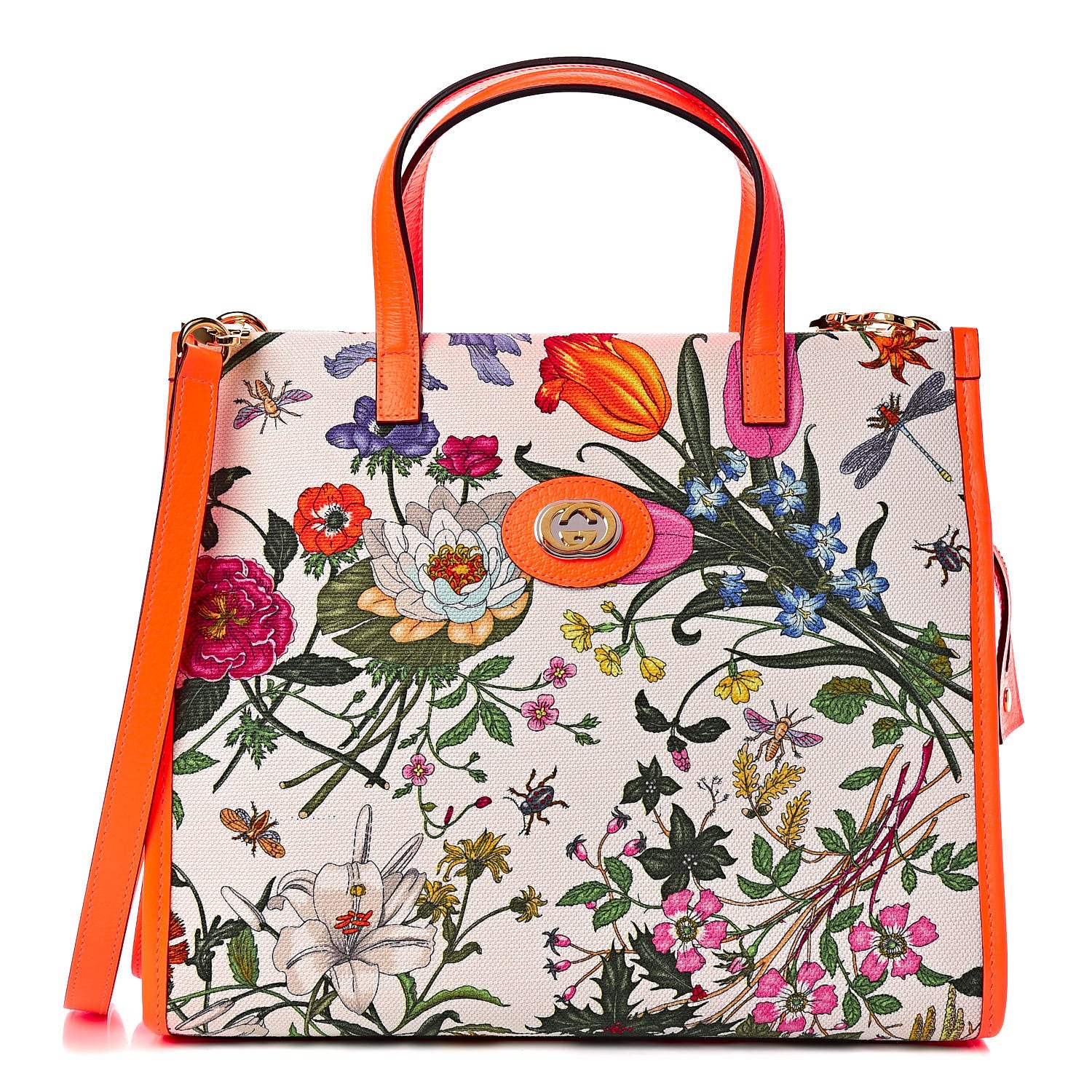 Gucci Canvas Medium Flora Tote White Multicolor Orange Fluo 1 of 10