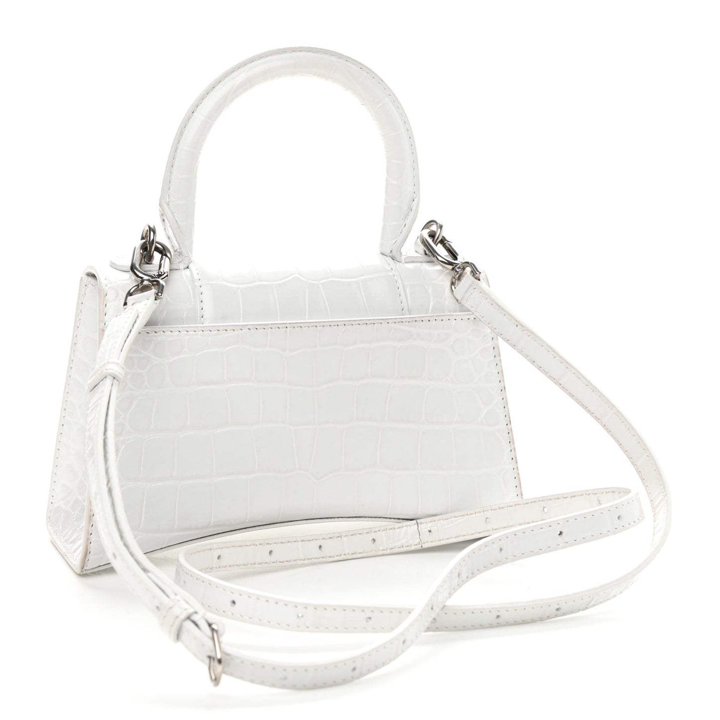 Shiny Calfskin Crocodile Embossed Hourglass Top Handle Bag XS White