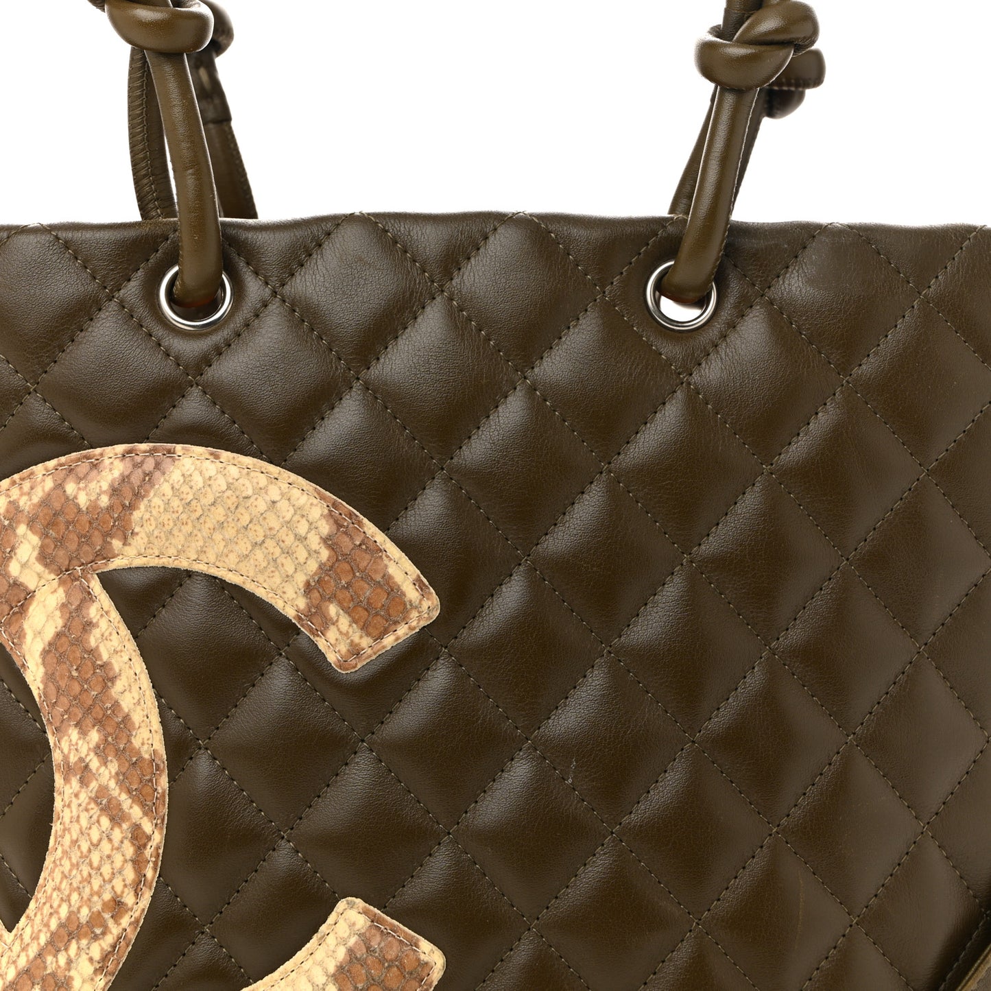 Calfskin Snakeskin Quilted Small Cambon Tote Khaki
