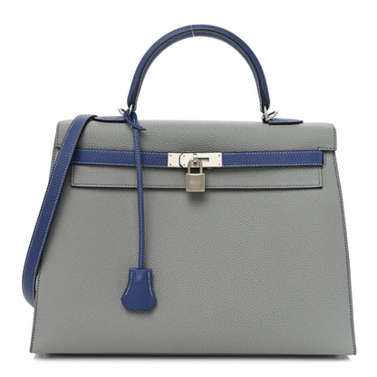 Hermes Togo Horseshoe Kelly Sellier 35 Gris Mouette Bleu Electrique 1 of 12