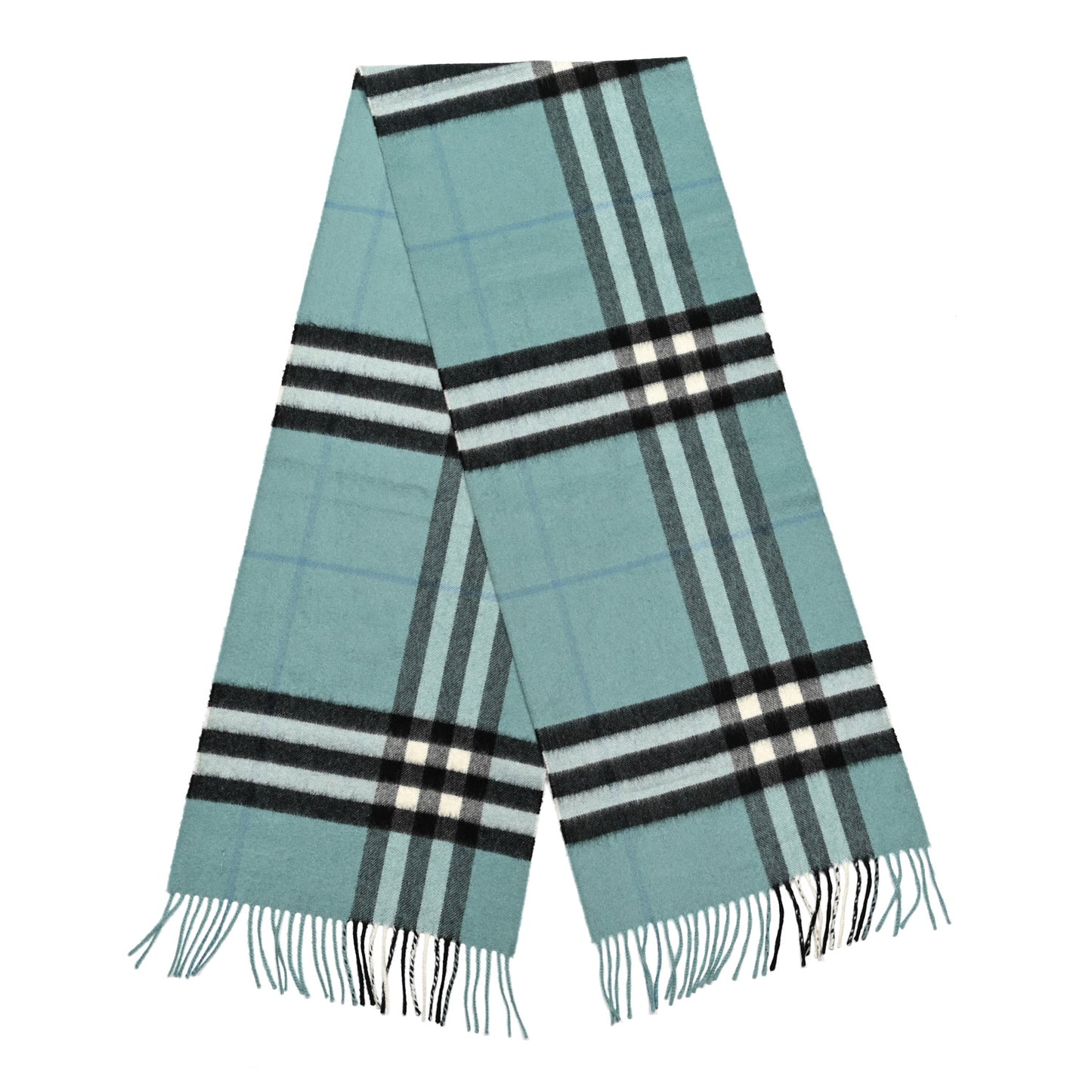 Cashmere Giant Check Fringe Scarf Aqua