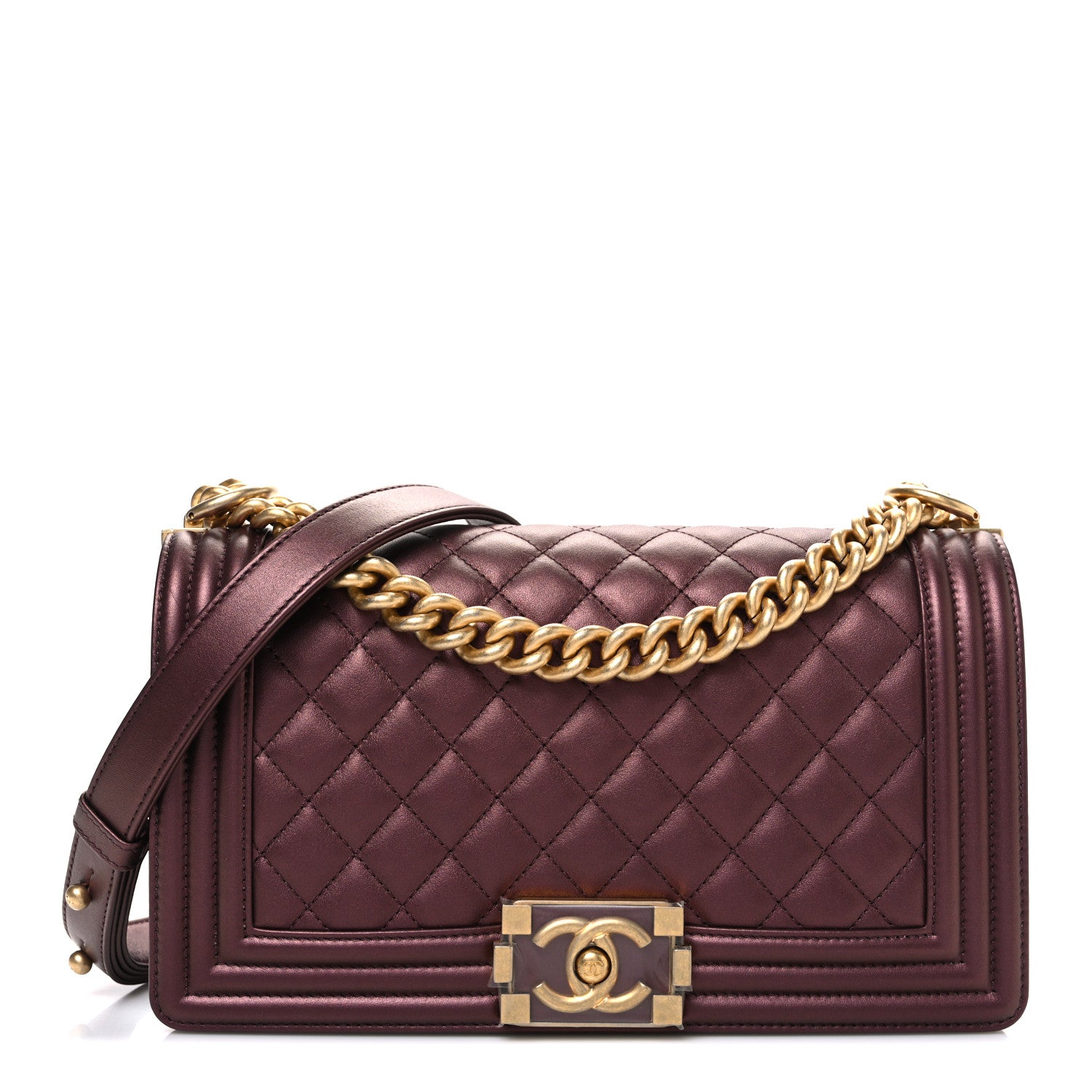 Chanel Metallic Calfskin Quilted Medium Boy Flap Plum 1 of 10