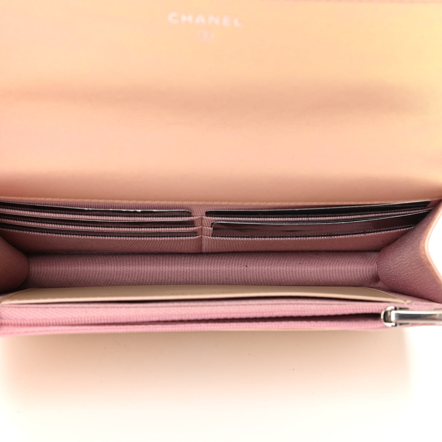 Iridescent Calfskin Quilted Wallet On Chain WOC Pink