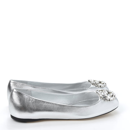 Gucci Metallic Nappa Silk Crystal Interlocking G Ballet Flats 39 Argento 4 of 11