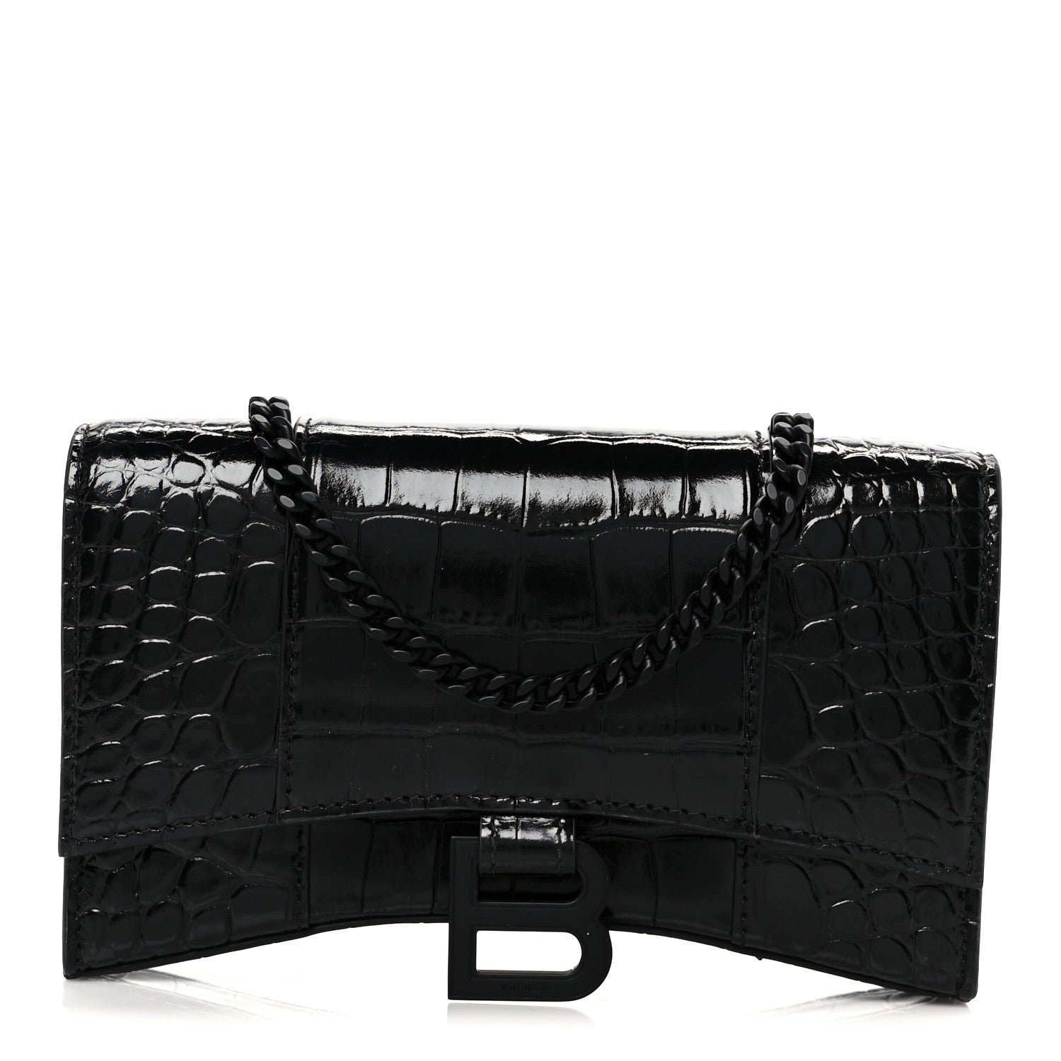 Balenciaga Shiny Calfskin Monochrome Crocodile Embossed Hourglass Chain Bag Black 1 of 11