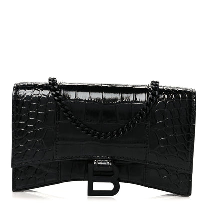 Balenciaga Shiny Calfskin Monochrome Crocodile Embossed Hourglass Chain Bag Black 1 of 11