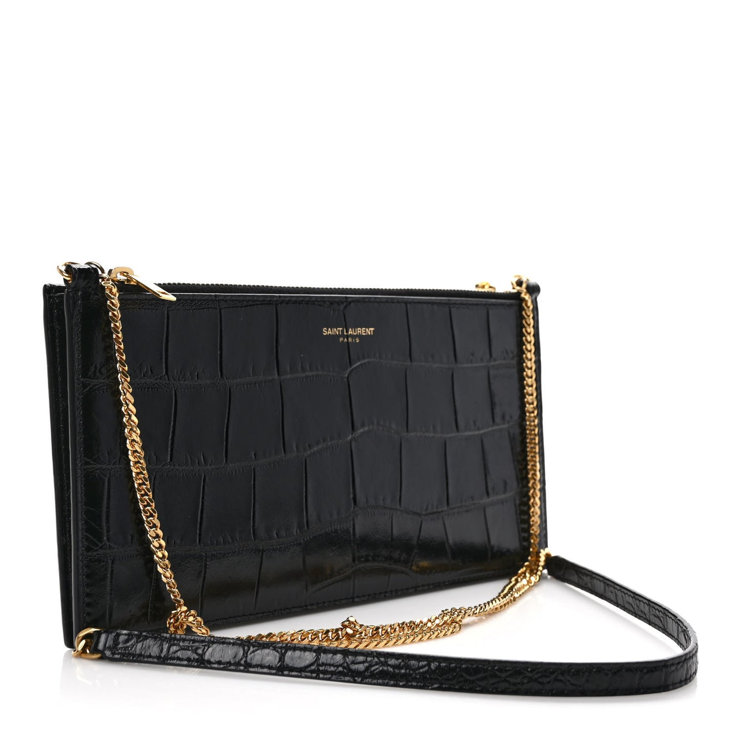 Calfskin Crocodile Embossed Double Pouch On Chain Black