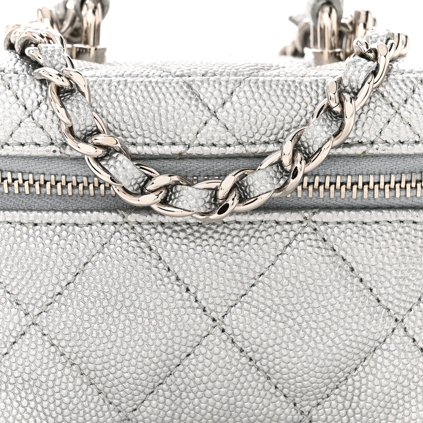 Metallic Caviar Quilted Mini Top Handle Vanity With Chain Silver