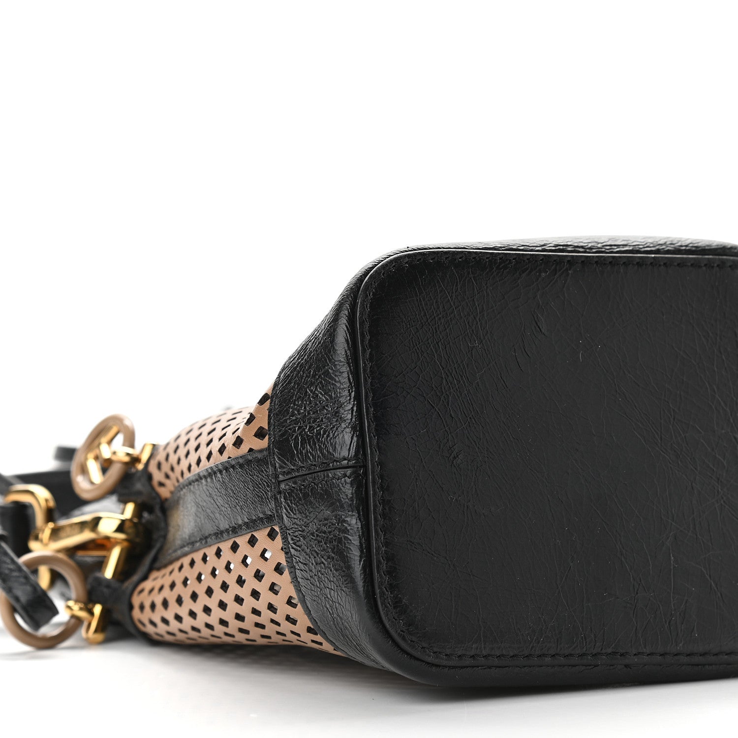Fendi Vitello Liberty Glossy Lambskin F is Fendi Perforated Mini Mon Tresor Bucket Bag Sand Mimosa Black 7 of 10