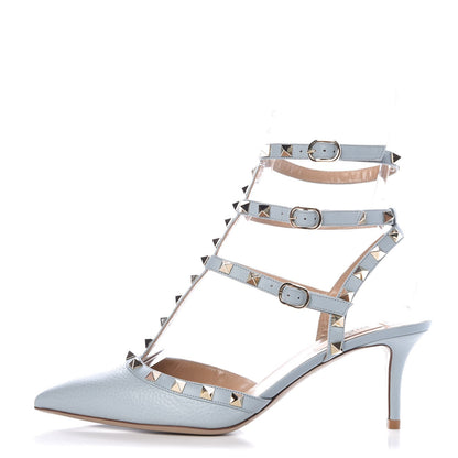 Valentino Garavani Pebbled Calfskin Rockstud Ankle Strap 65mm Pumps 39.5 Sky Sorbet 1 of 10