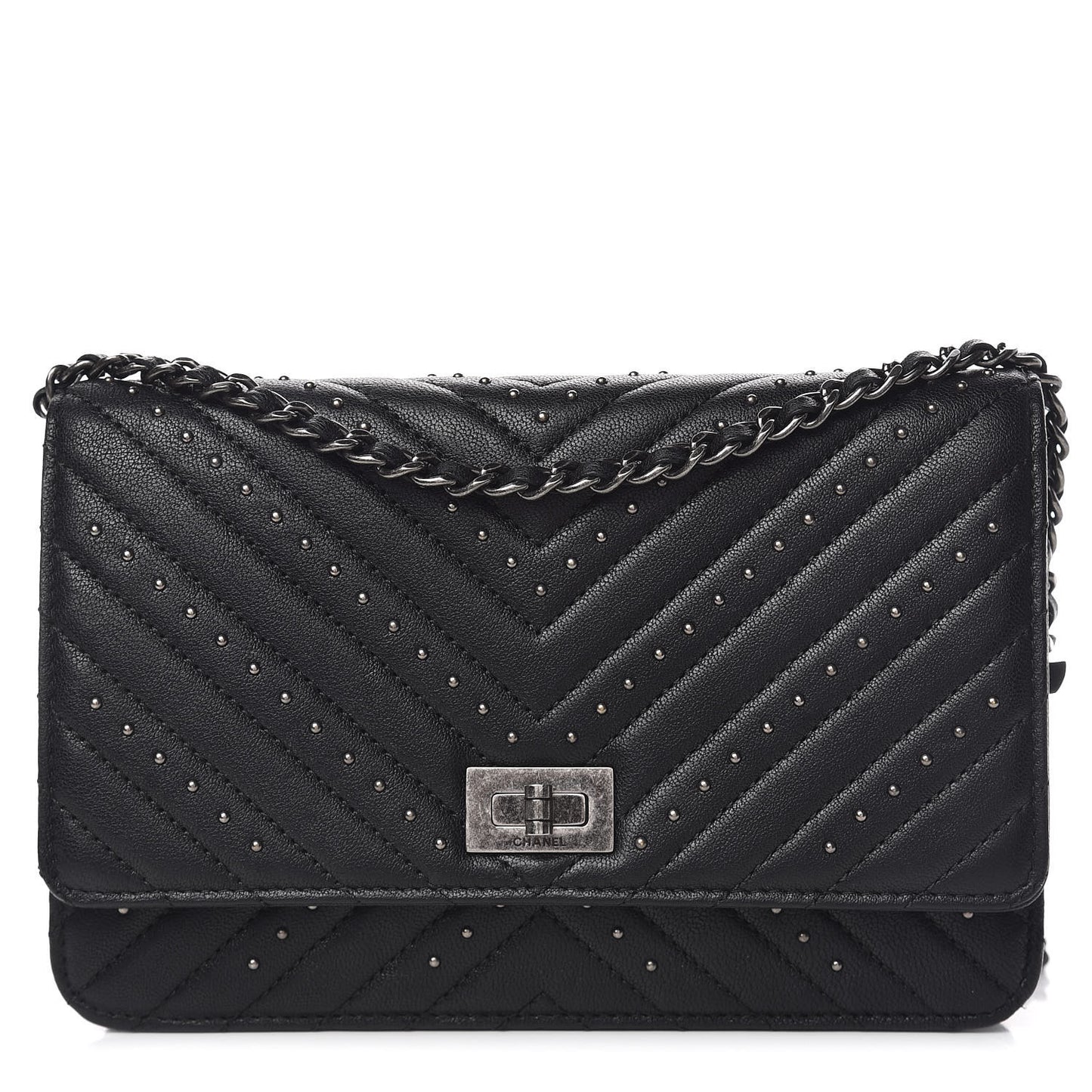 Sheepskin Chevron Quilted Studded Reissue Wallet On Chain WOC Black