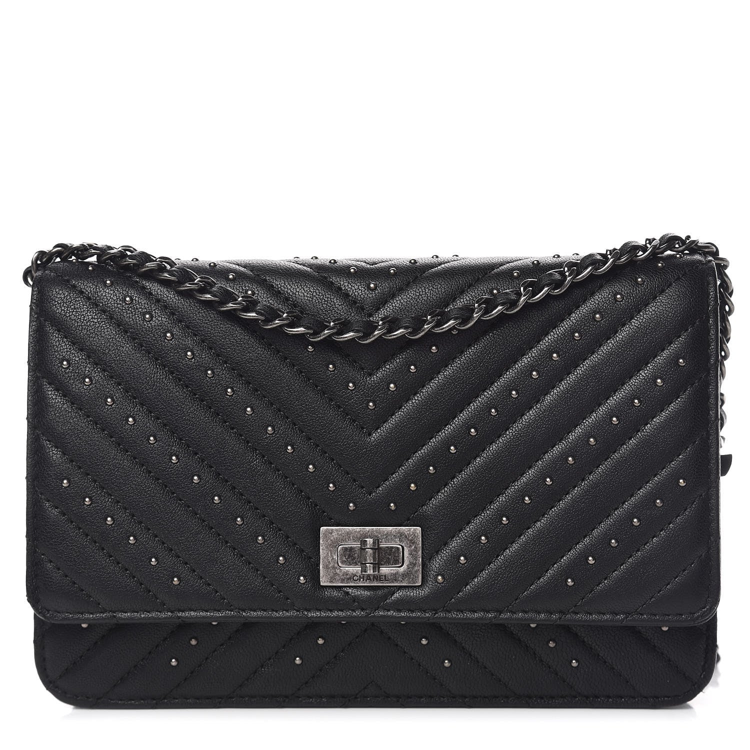 Chanel Sheepskin Chevron Quilted Studded Reissue Wallet On Chain WOC Black 1 of 14