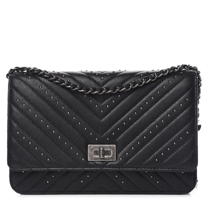 Chanel Sheepskin Chevron Quilted Studded Reissue Wallet On Chain WOC Black 1 of 14
