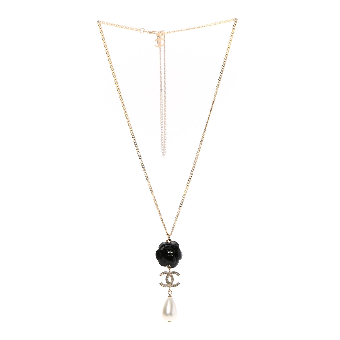Enamel Crystal Pearl CC Camellia Necklace Gold Black