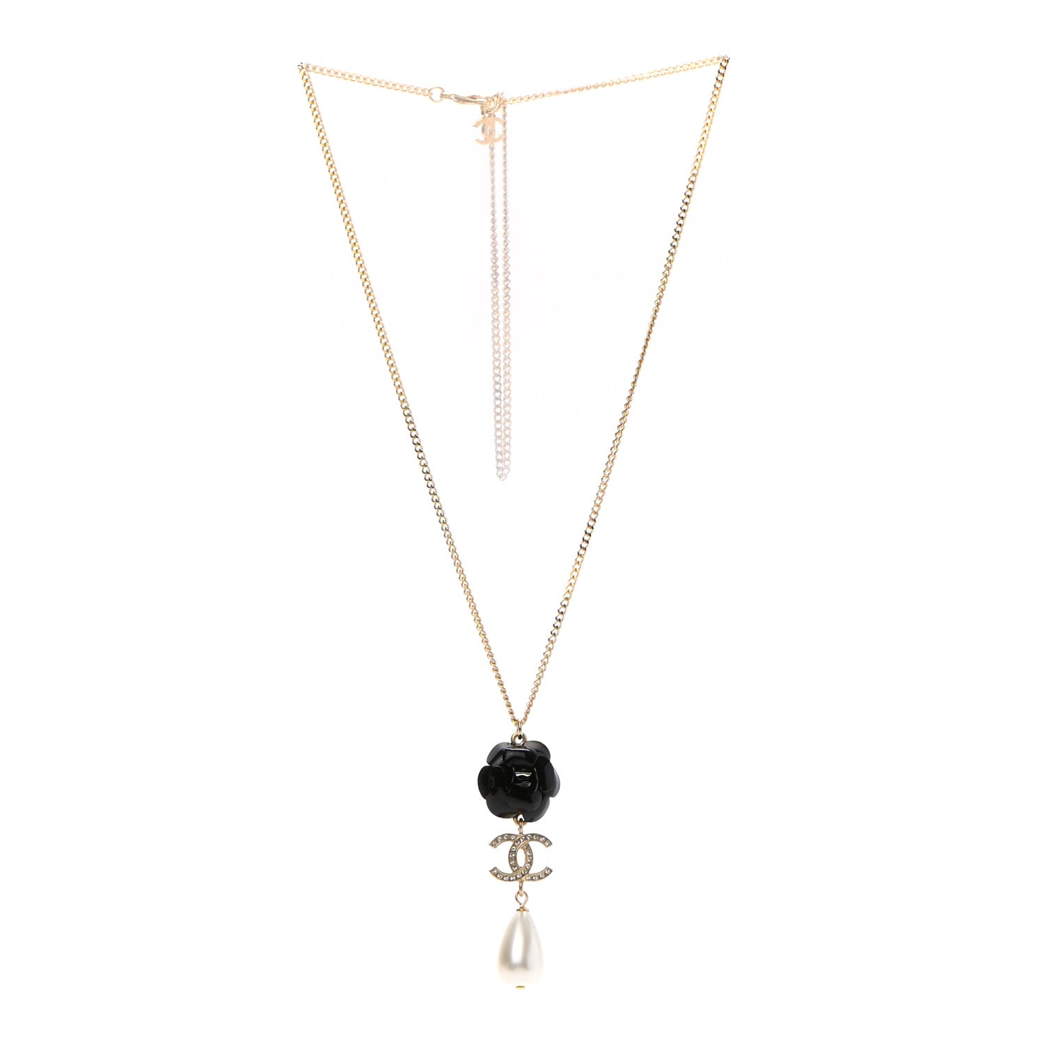 Chanel Enamel Crystal Pearl CC Camellia Necklace Gold Black 3 of 5