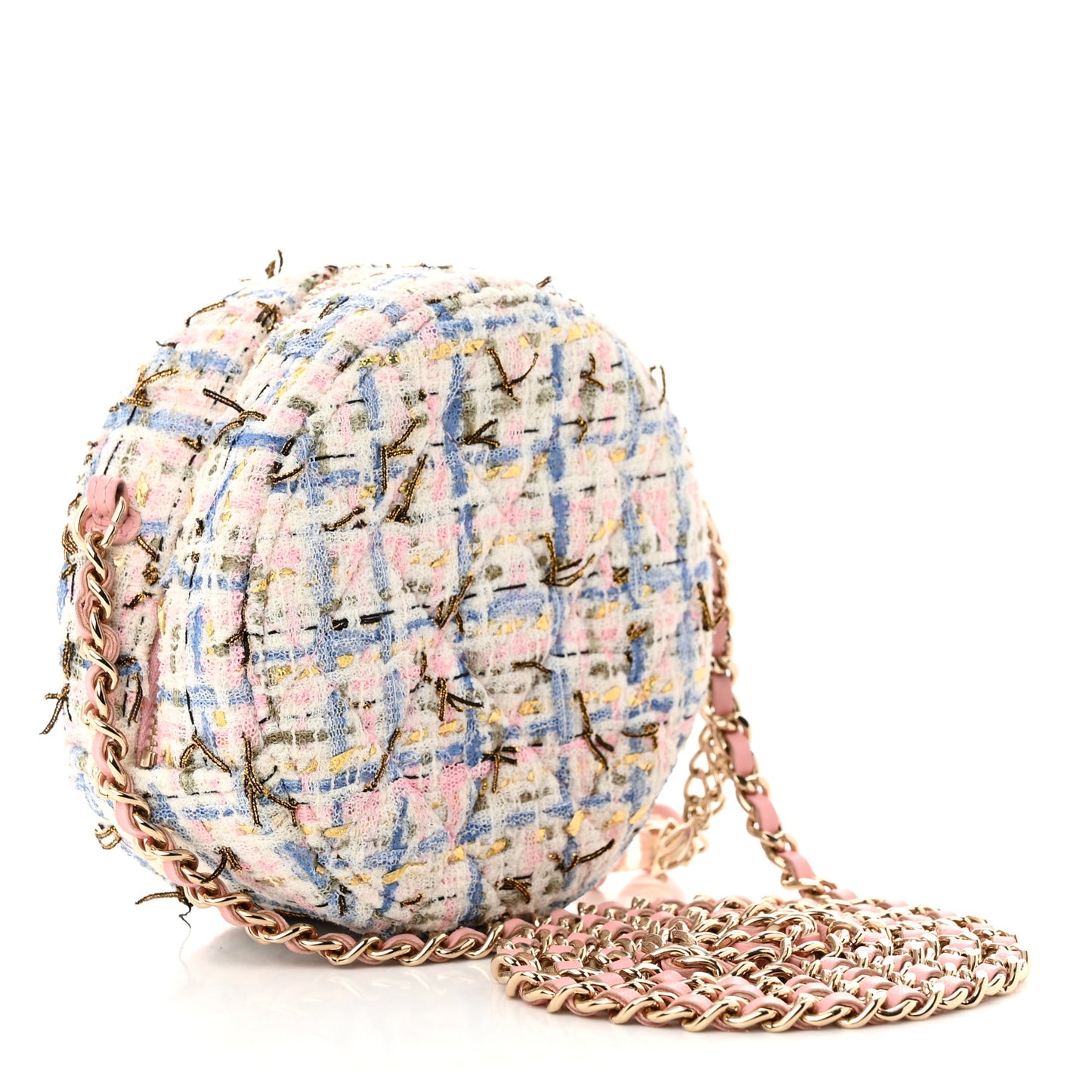 Tweed Quilted Round Clutch With Chain White Pink Multicolor