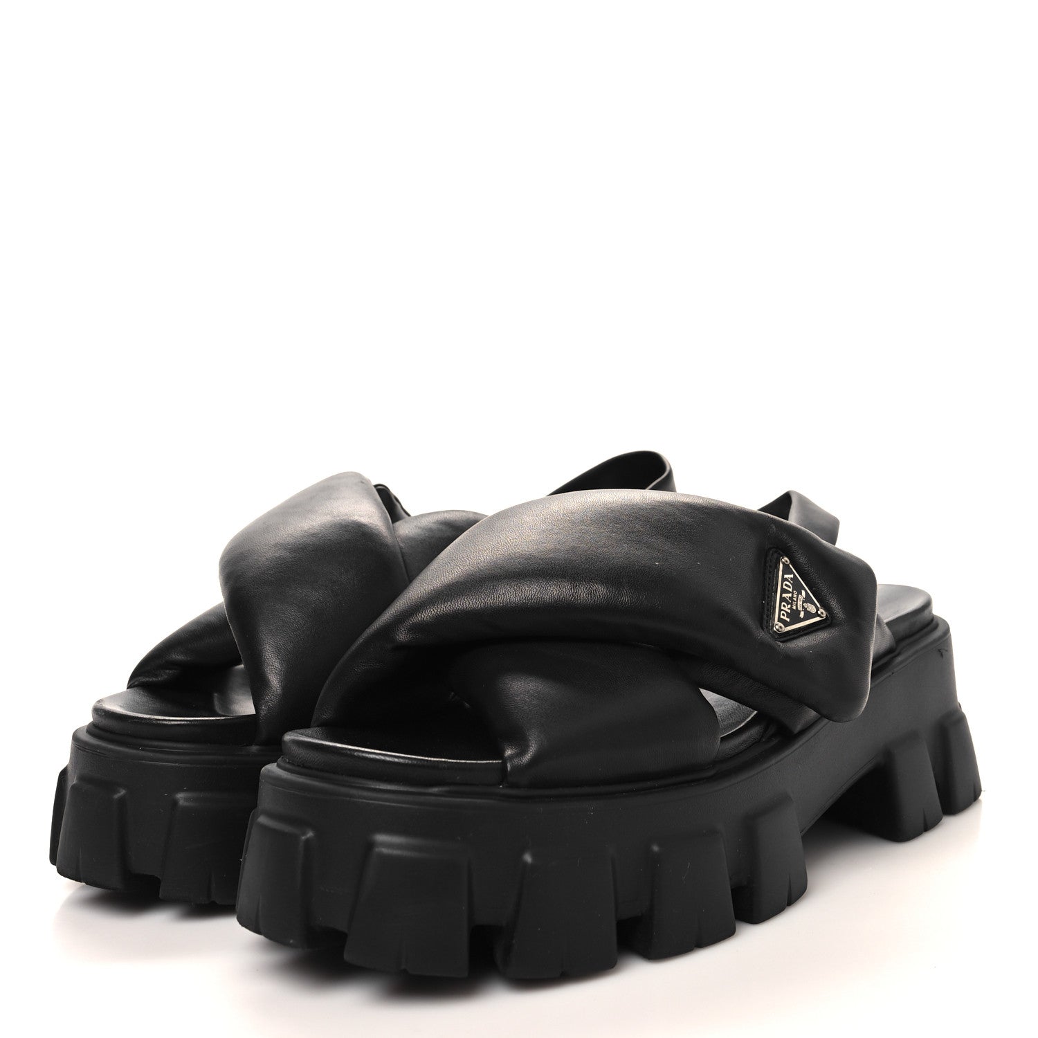 Prada Nappa Soft Metal Triangle Logo Padded Monolith 55mm Slingback Sandals 39.5 Black 3 of 8
