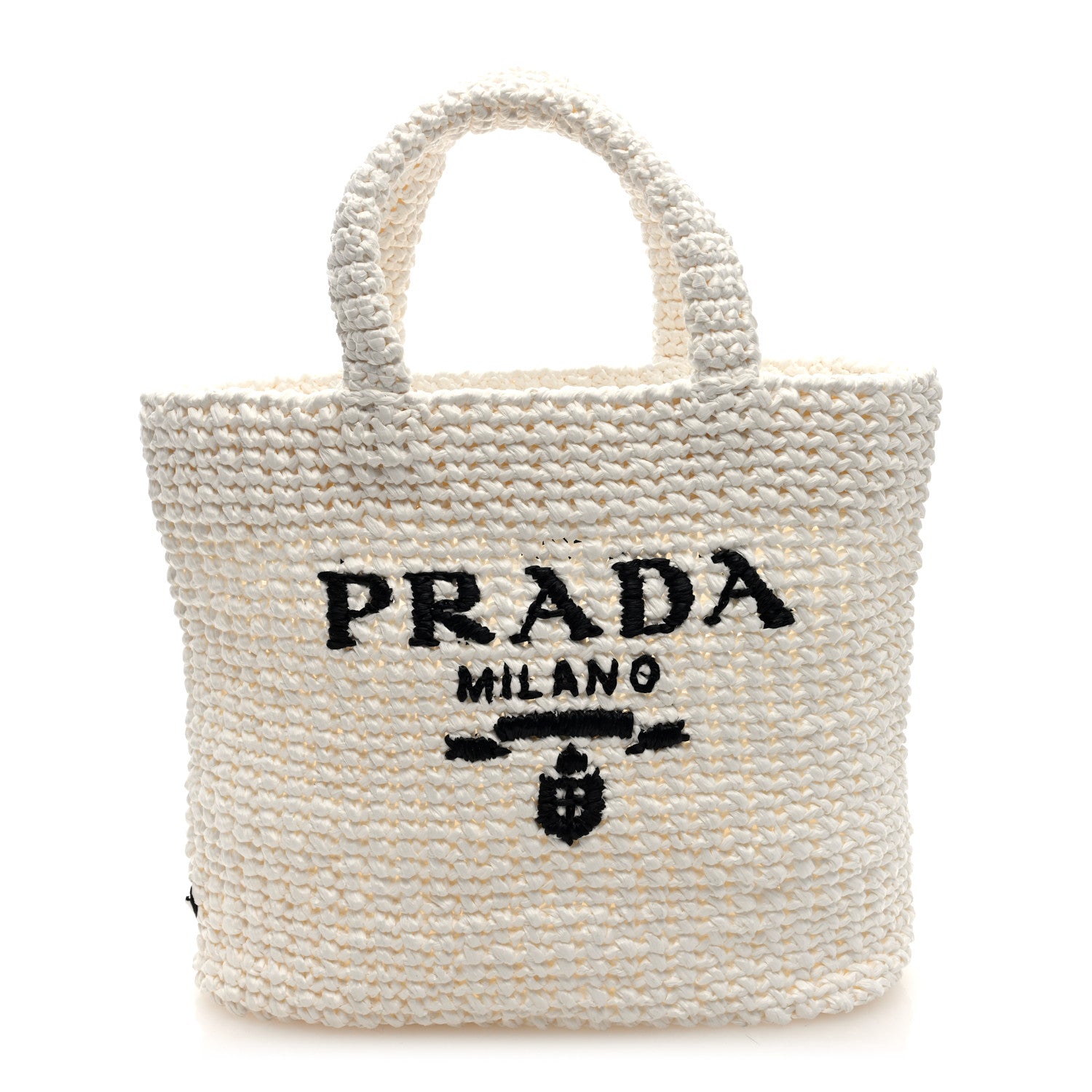 Prada Yarn Raffia Effect Crochet Embroidered Small Logo Tote White 1 of 10