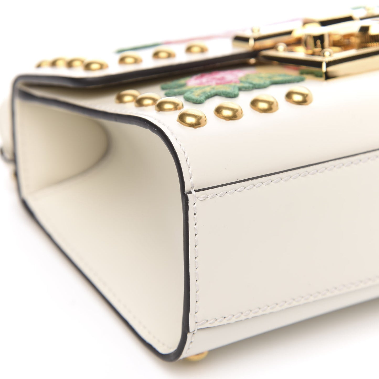 Calfskin Floral Embroidered Small Padlock Shoulder Bag White