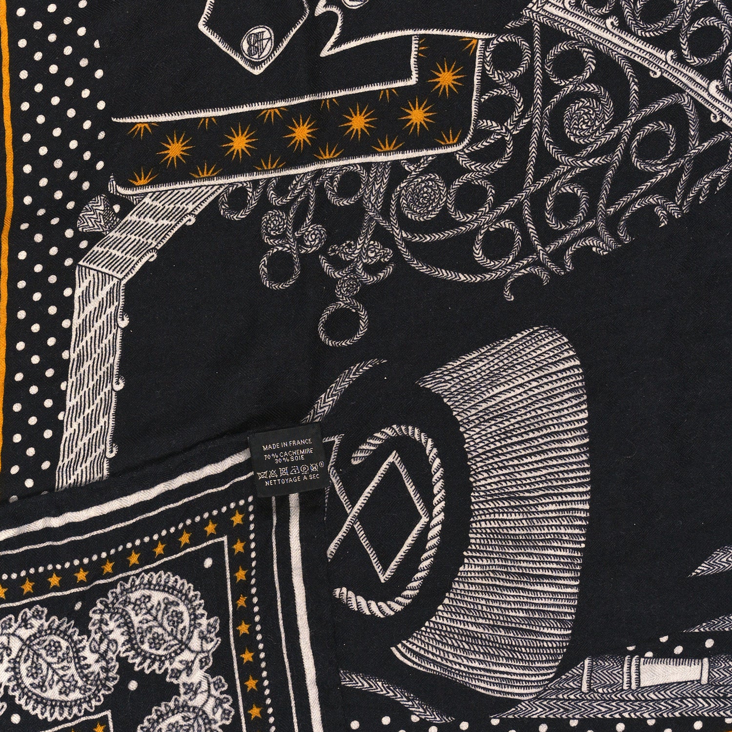 Hermes Cashmere Silk Zouaves Et Dragons Shawl 140 Black White Gold 3 of 3
