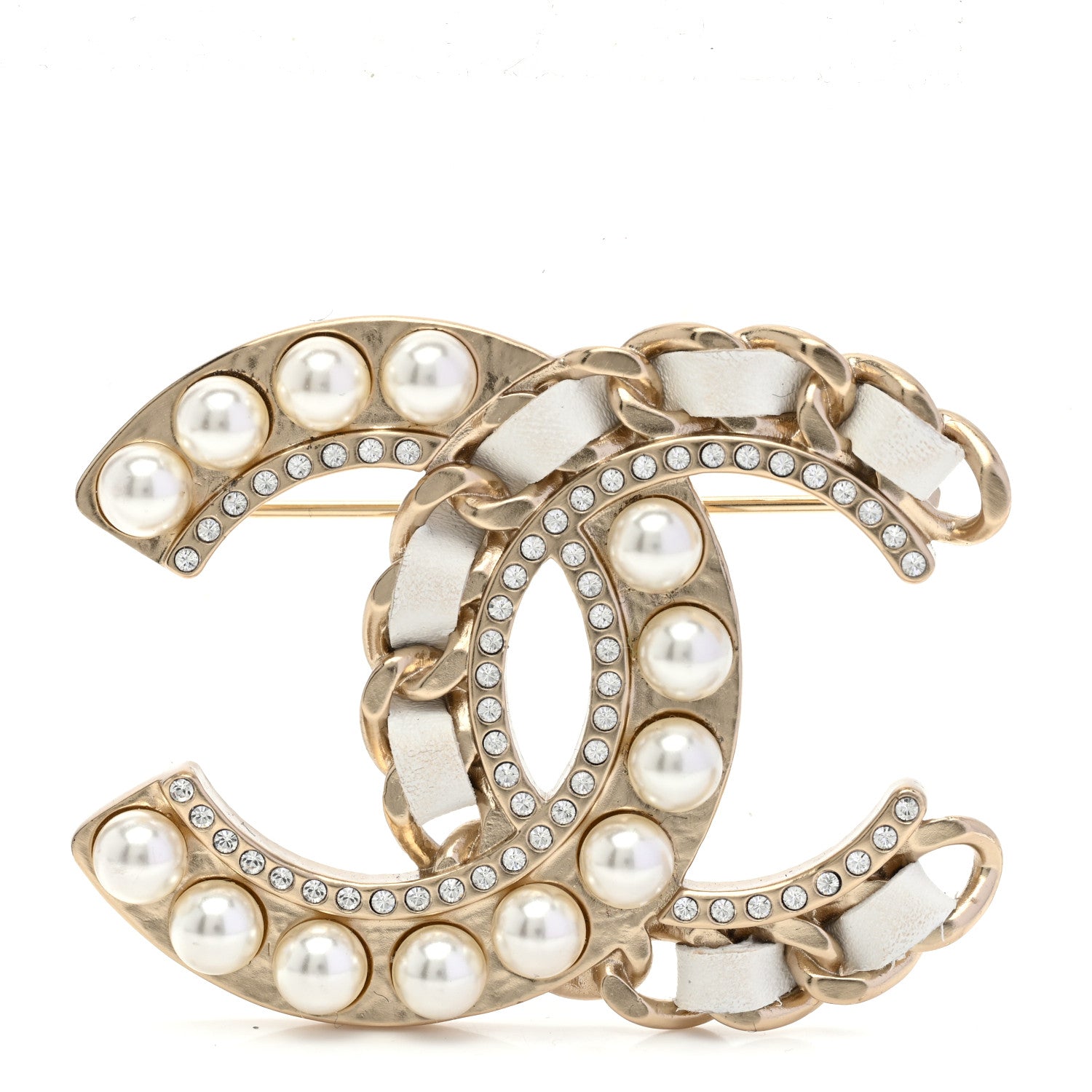 Chanel Lambskin Pearl Crystal CC Chain Brooch White Gold 1 of 5