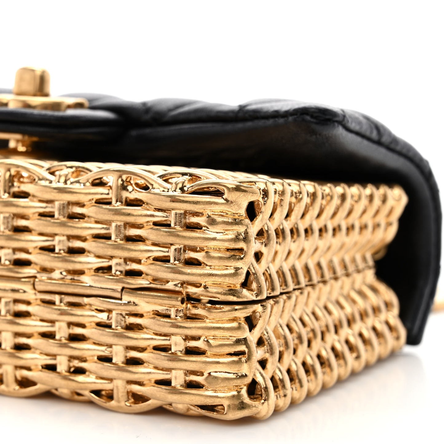 Woven Metal Lambskin Quilted Small Flap Black Gold